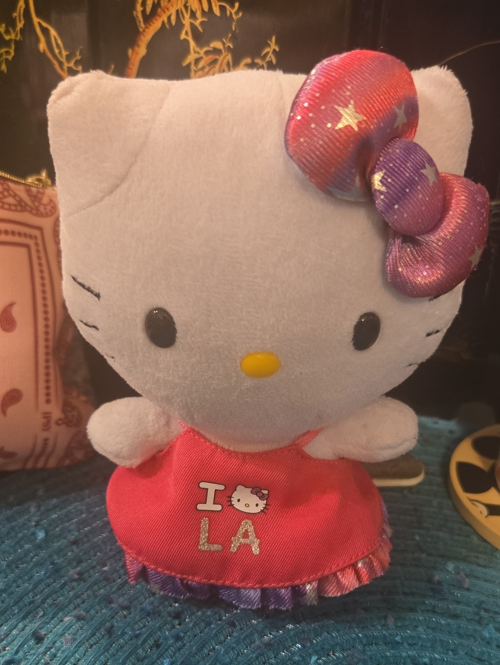 Sanrio Hello Kitty Plush in White with Pink Dress and Rainbow Star Bow